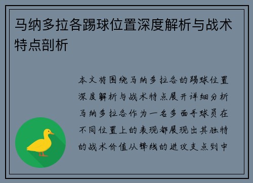 马纳多拉各踢球位置深度解析与战术特点剖析